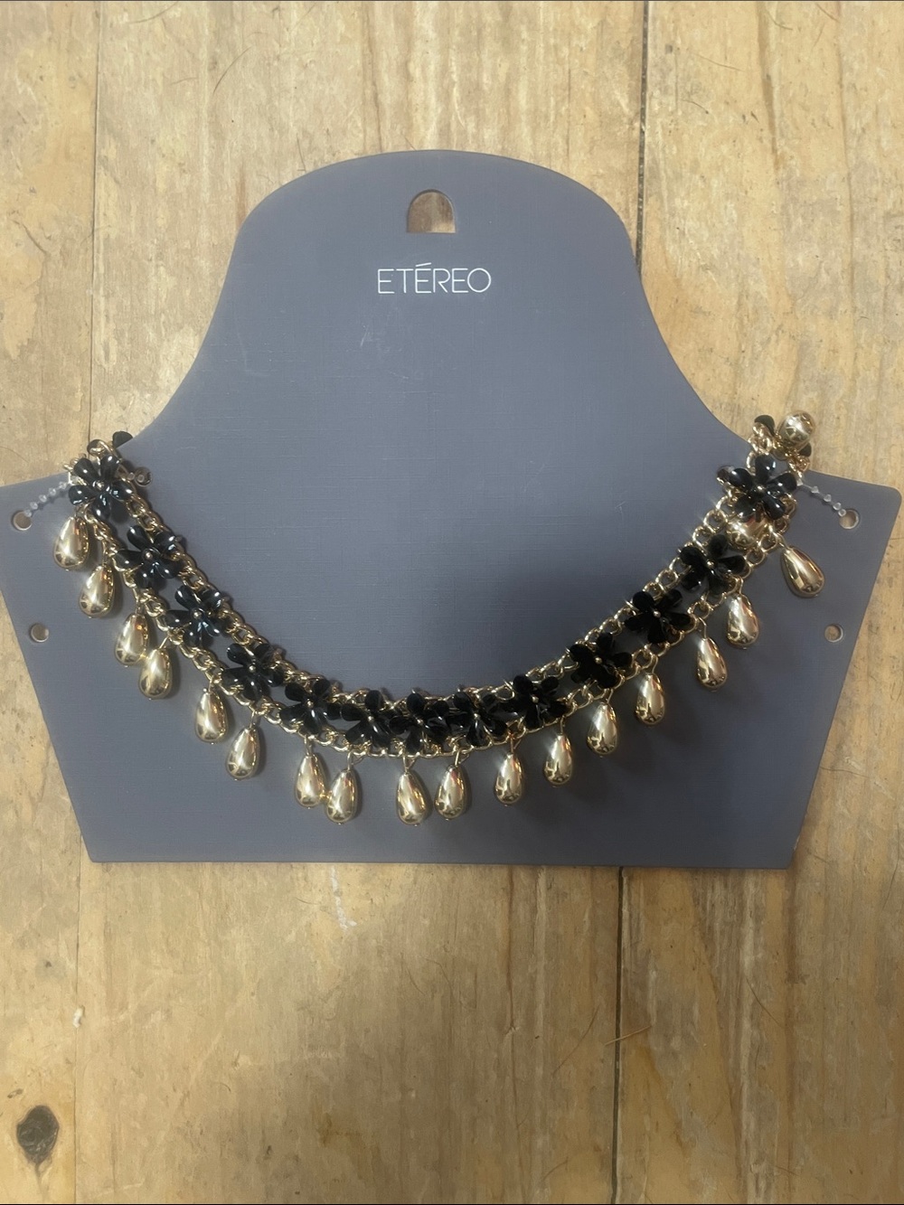 Etereo Black and Gold Teardrop Fringe Statement Necklace